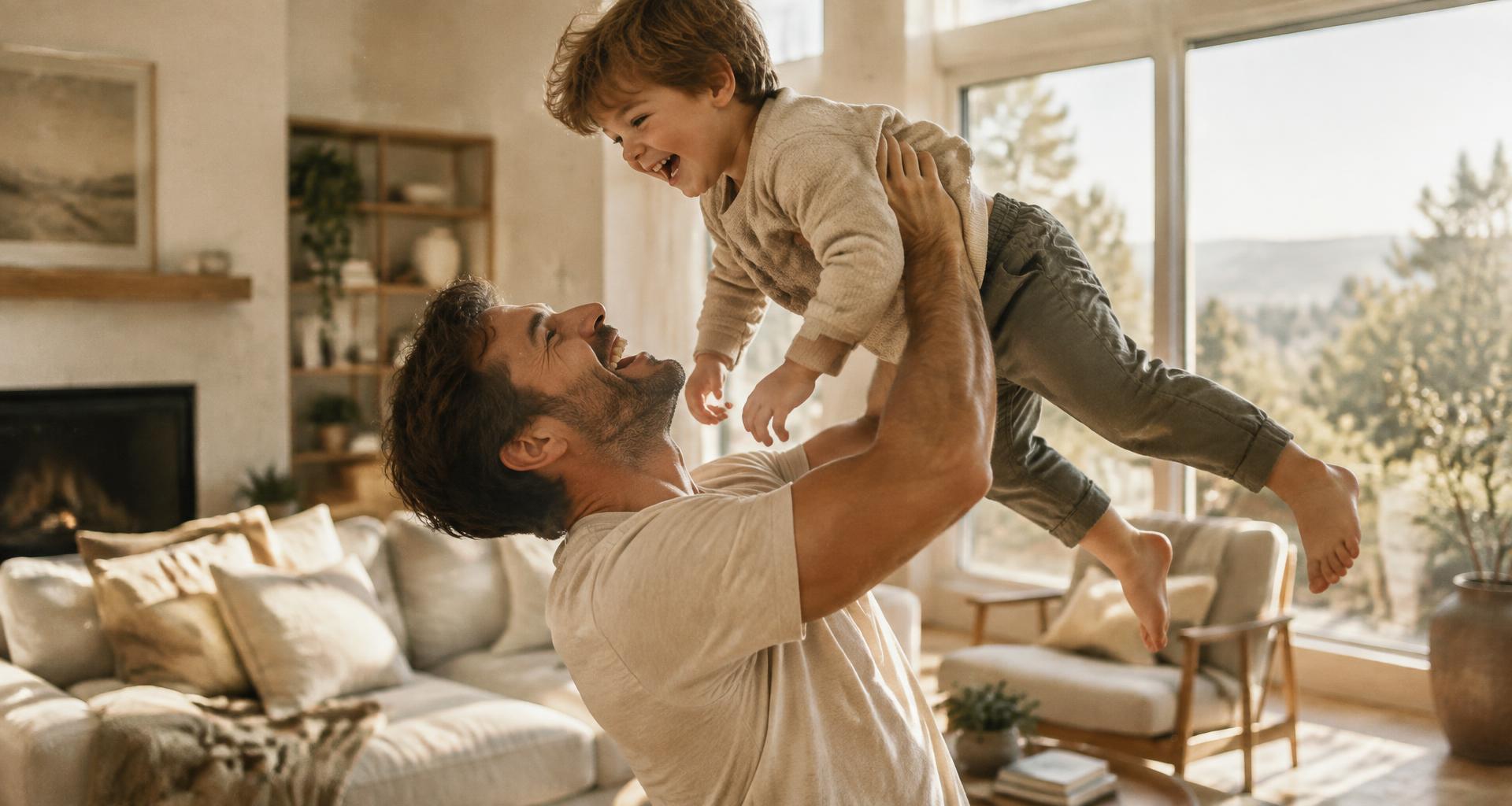 A father lifting his laughing son in a bright living room